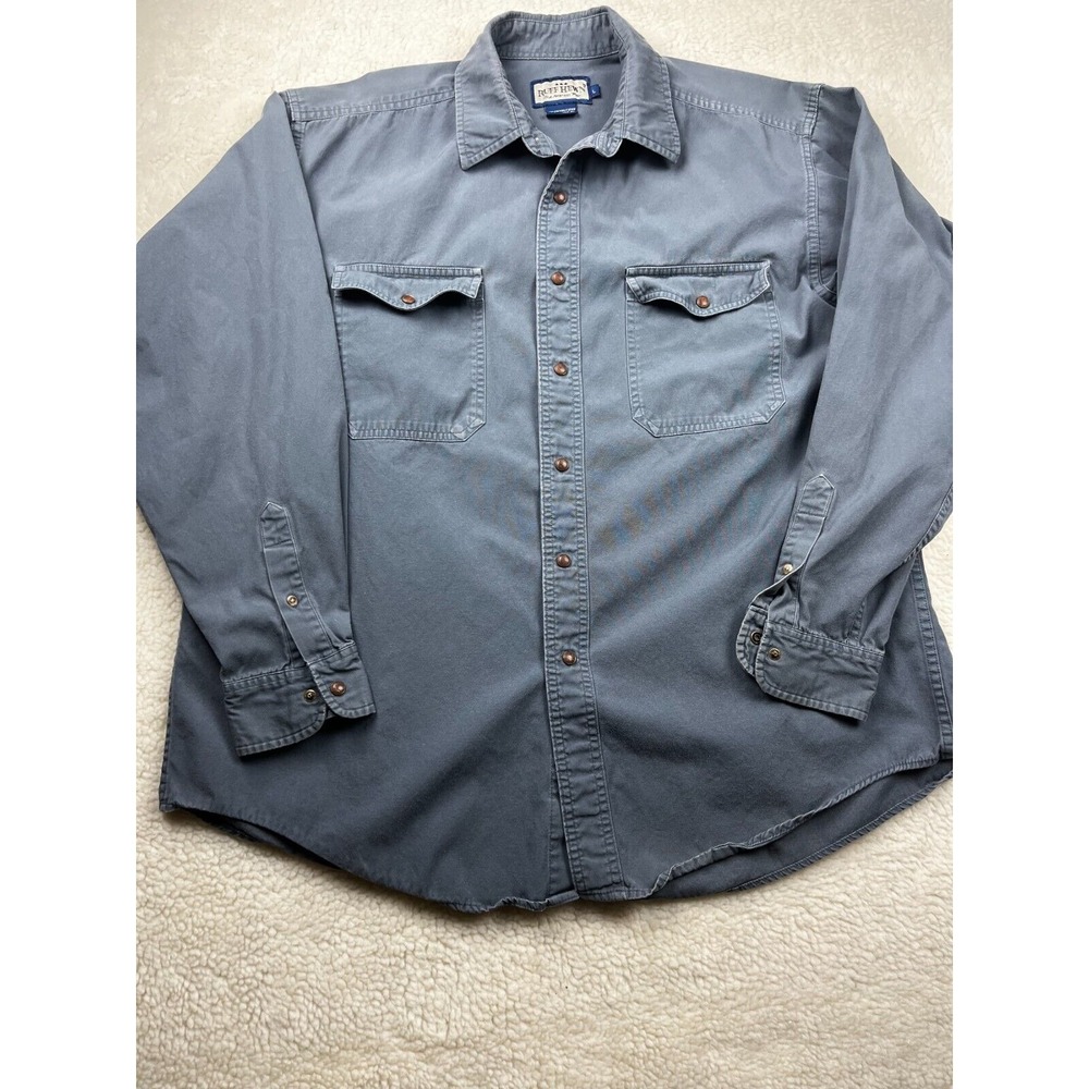 Ruff Hewn Jacket Men Large Button Down Denim Multi Pocket Lightweight Blue Green